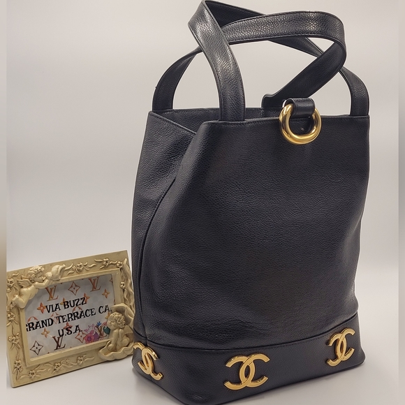 CHANEL Handbags - CHANEL Caviar Leather Vintage Bucket Bag with 6 1.7" CC Logo in 24K Gold Plated